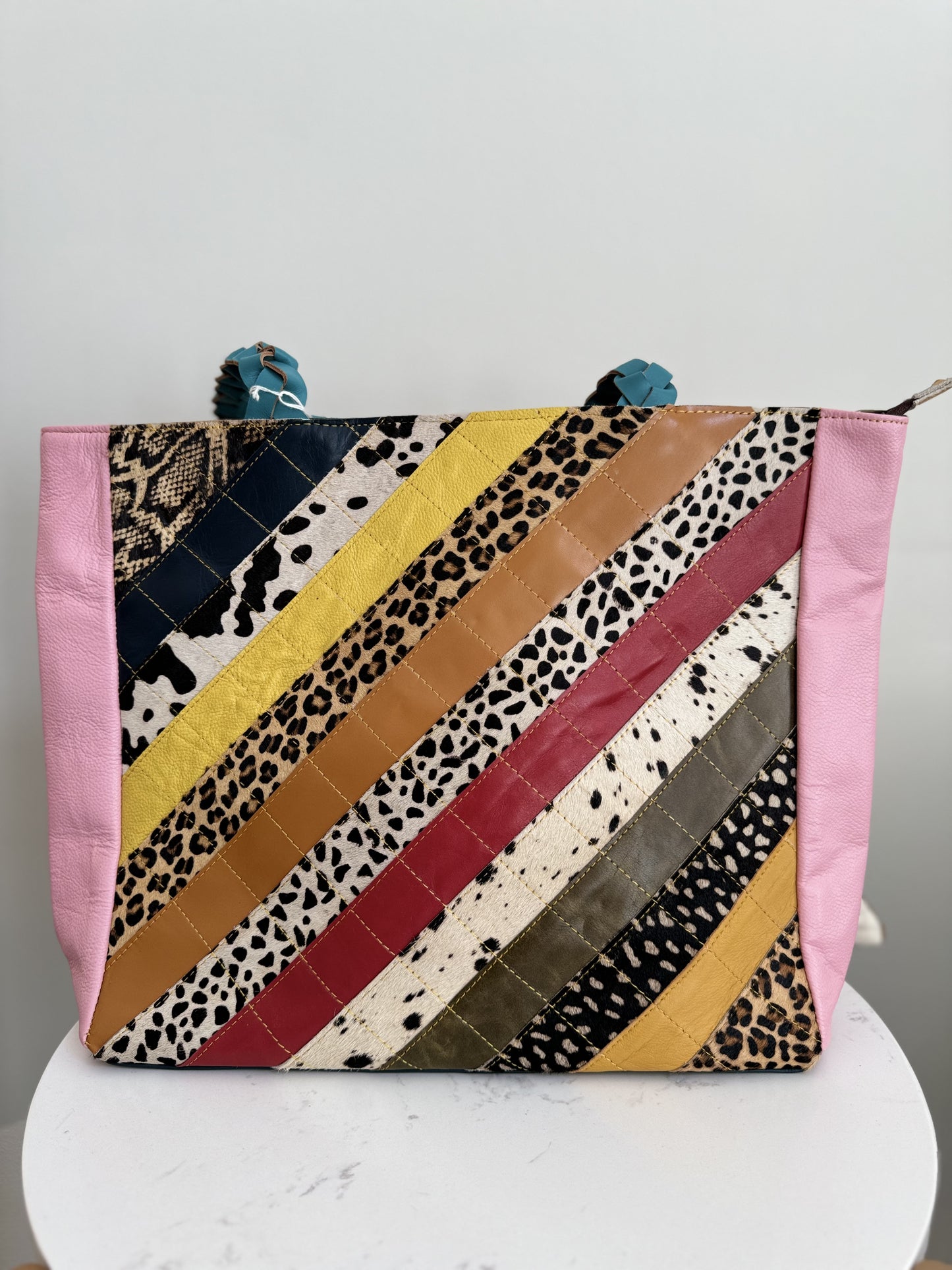 Joli Patchwork Animal Print Leather Braided Handle Tote Bag