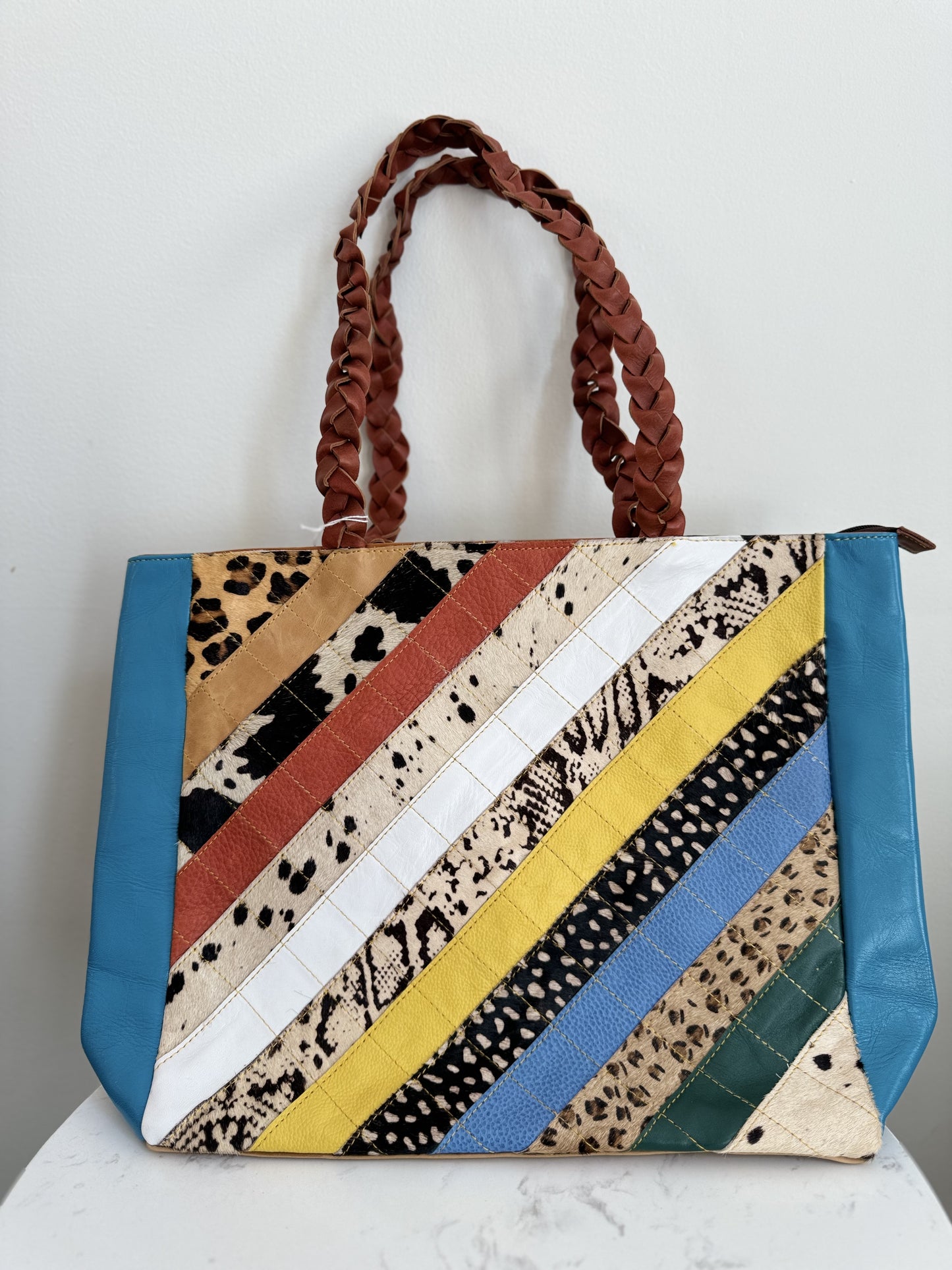 Joli Patchwork Animal Print Leather Braided Handle Tote Bag