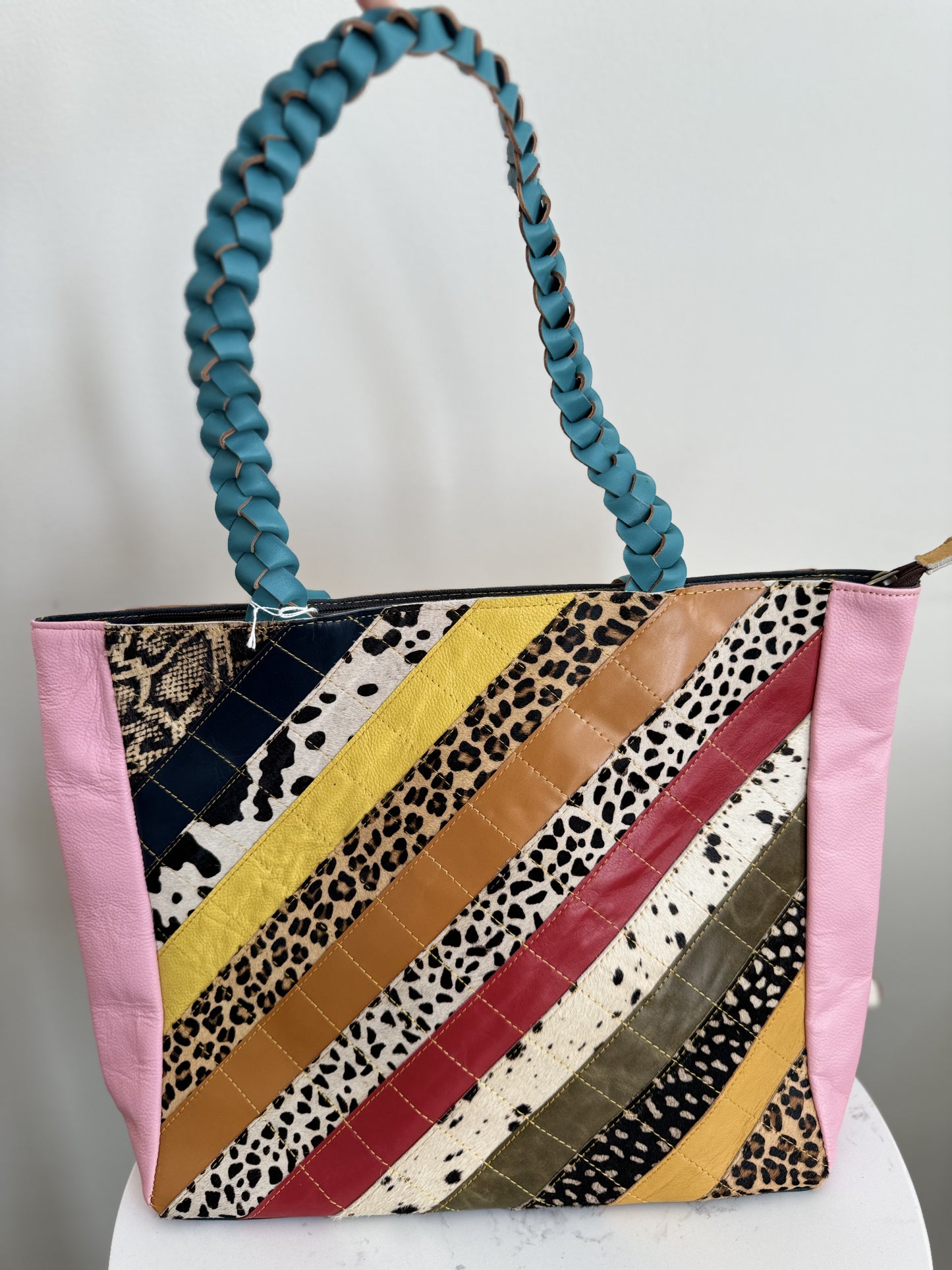 Joli Patchwork Animal Print Leather Braided Handle Tote Bag